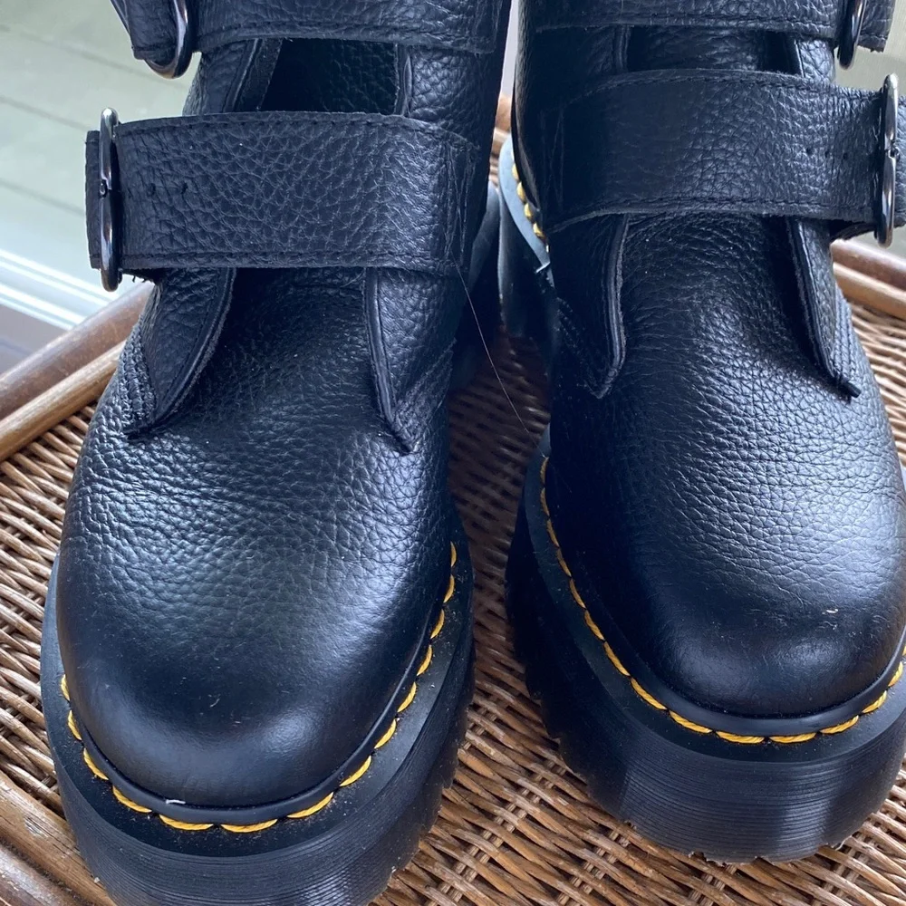 Dr. Martens Black Leather Platform Heart-Buckle Combat Boots - Picture 7 of 7